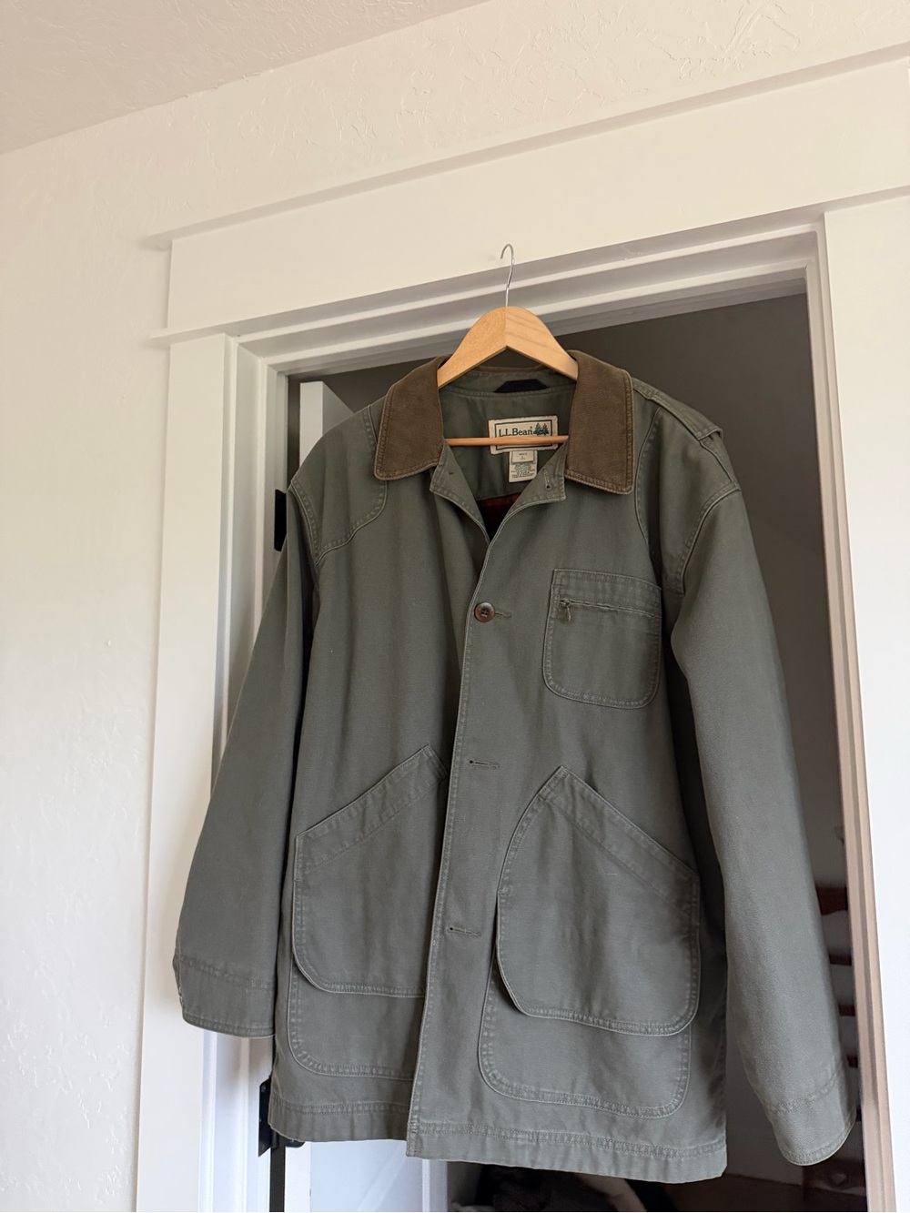 L.L. Bean Olive Green Canvas Field Jacket with Brown Corduroy Collar